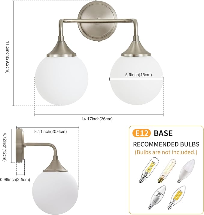 Brushed Nickel Vanity Lights Fixtures, 2-Light Bathroom Vanity Lighting Over Mirror, Modern Bathroom Wall Sconces with Milky White Glass Ball Shades