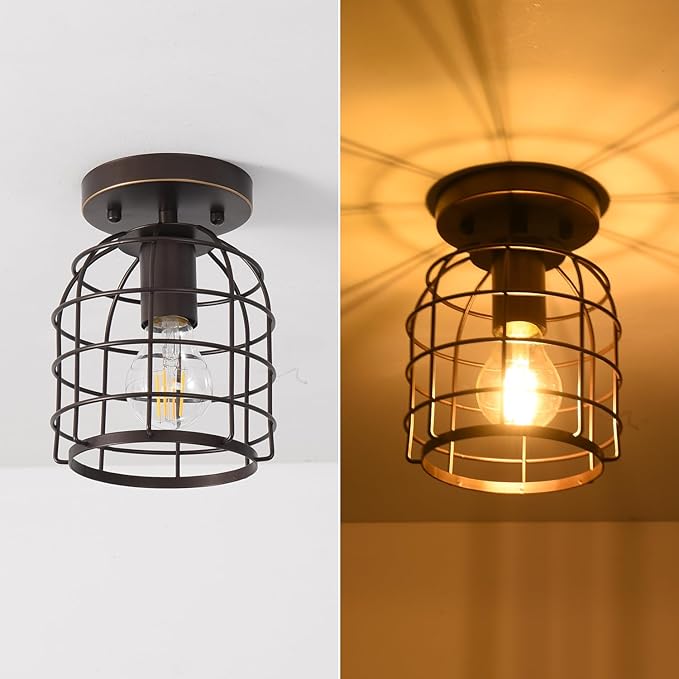 Create For Life® Industrial Vintage Flush Mount Ceiling Light,Rustic Metal Cage Semi Flush Mount Ceiling Lamp Fixture for Hallway Stairway Kitchen Garage, E26, Oil Rubbed Bronze Finish,2 Pack