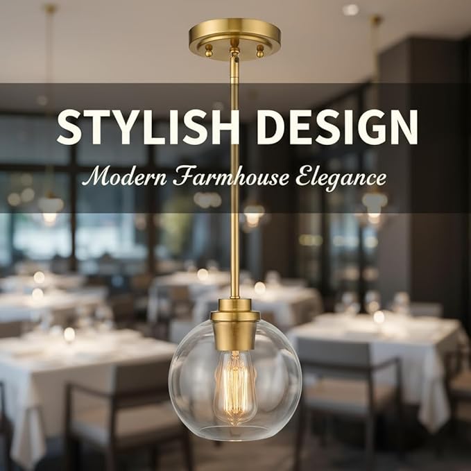Gold Pendant Light – 7 Inch Clear Glass Farmhouse Hanging Fixture, Adjustable Height & Sloped Ceiling Compatible for Kitchen Island Dining Room Entryway Bedroom Hallway, 1 Pack