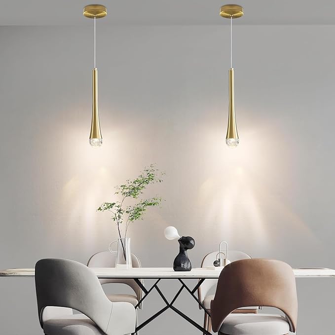 2 Pack Modern Gold LED Pendant Light, Kitchen Island Ceiling Hanging Lights, Teardrop Bubble Crystal, 3 Color 2700K/4500K/6500K, Bedside Small Chandelier Lamps for Bar, Dining Room, Hallway, Foyer