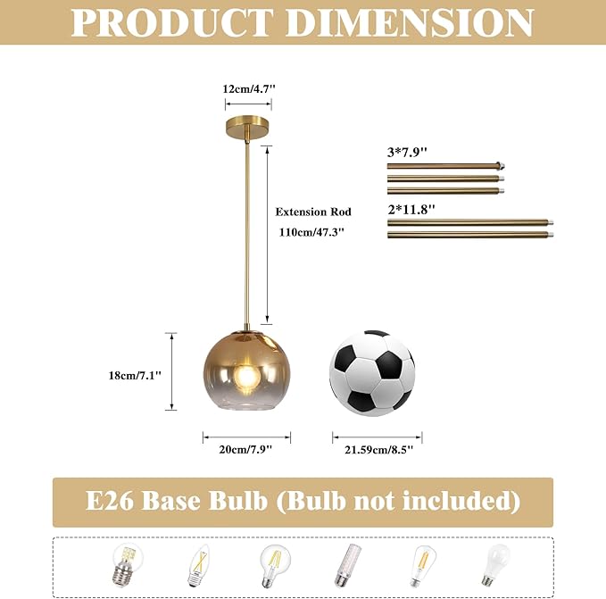 KCO Lighting Globe Pendant Lights Gradient Gold Glass Pendant Light Modern Kitchen Island Lighting Vintage Hanging Light Fixture Mid Century Hanging Lamp