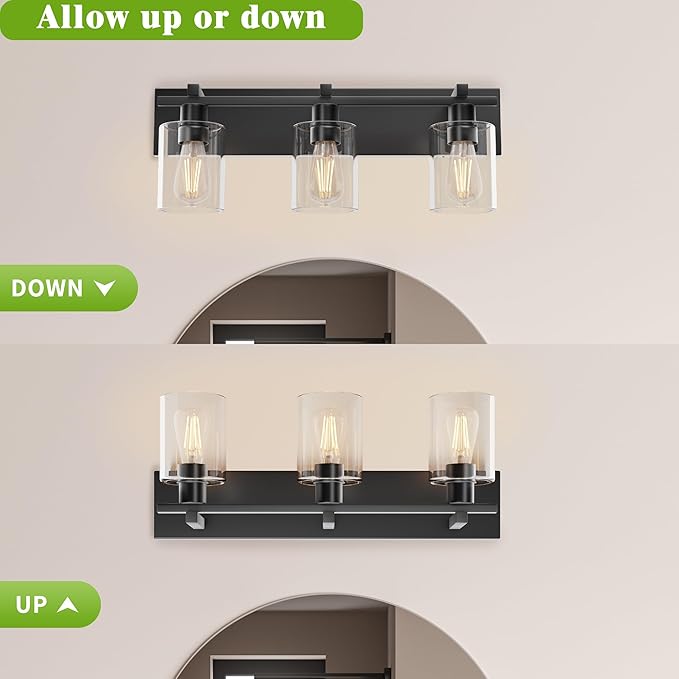 Espird Bathroom Vanity Light,3 Light Matte Black Light Fixture with Thickened Clear Glass Shade, 21 inch Modern Wall Sconce, Bathrooms Vanity Light Over Mirror for Bathroom