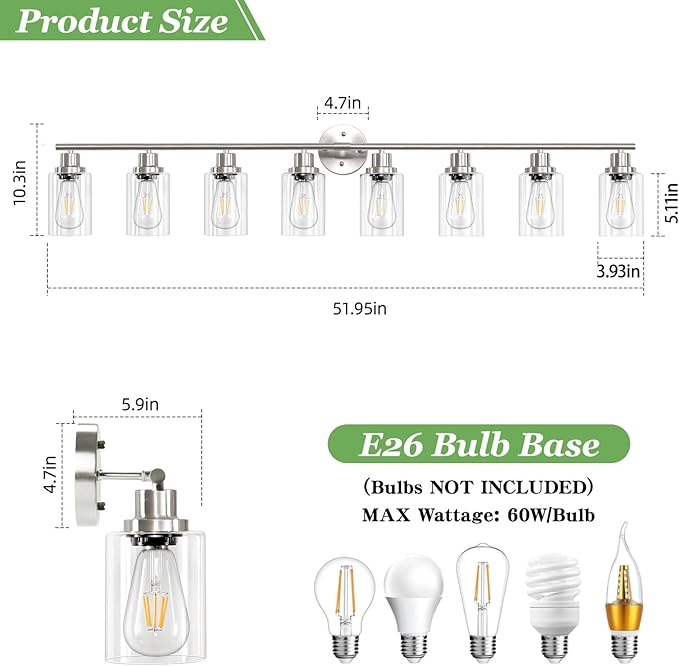 8-Light Brushed Nickel Vanity Lights, Modern Bathroom Light Fixtures with Clear Glass Shade, Wall Lamps for Mirror Kitchen Hallway Cabinet Living Room Sconces Lights - E26