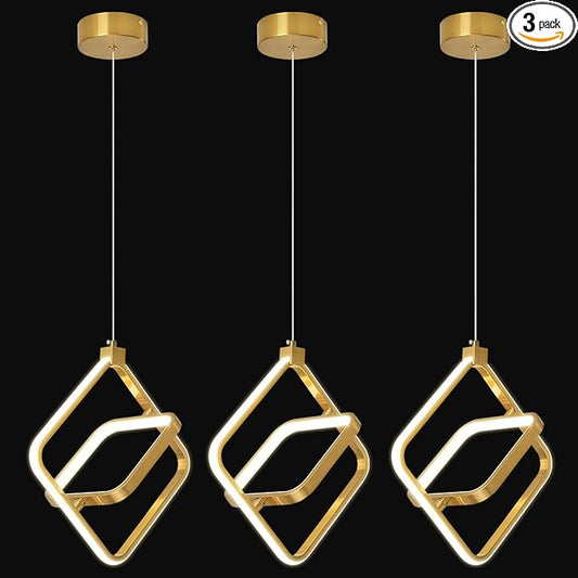 Modern LED Chandelier Gold Rectangular Pendant Light Fixtures 4000K 20W Dimmable Height Adjustable Pendant Lighting for Dining Room Kitchen Island Bedroom Living Room Foyer（3-Pack）