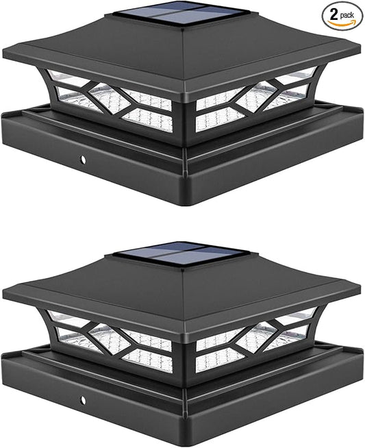 VOLISUN Solar Post Cap Lights: 2 - Pack Outdoor Deck Post Cap Lights Black for Dock Fence Waterproof 2 Color Modes,4x4/6x6 Wooden/Vinyl Posts