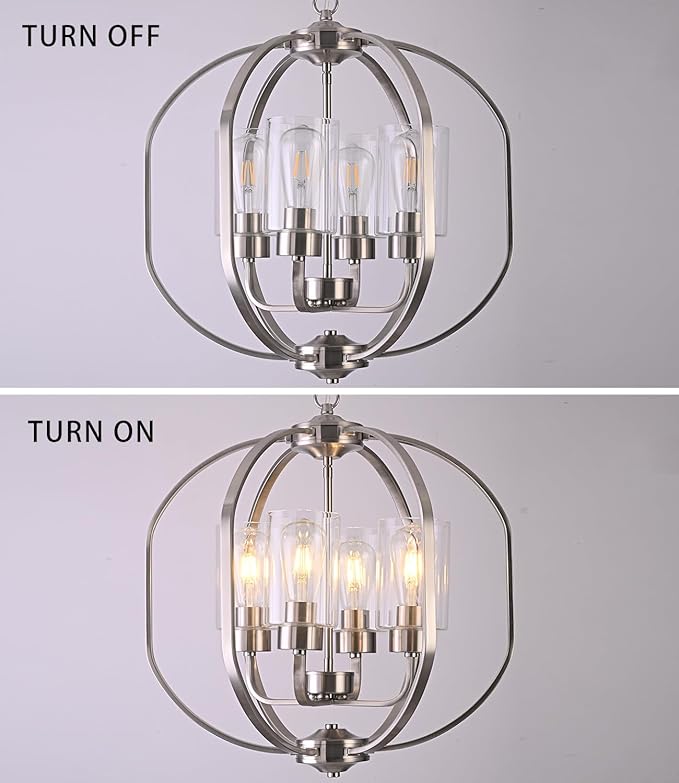 BOZO 20'' Globe Chandelier Brushed Nickel, 4-Light Modern Orb Chandelier, Ceiling Hanging Light Fixture with Clear Glass Shade, Pendant Light for Dining Room Entryway Living Room