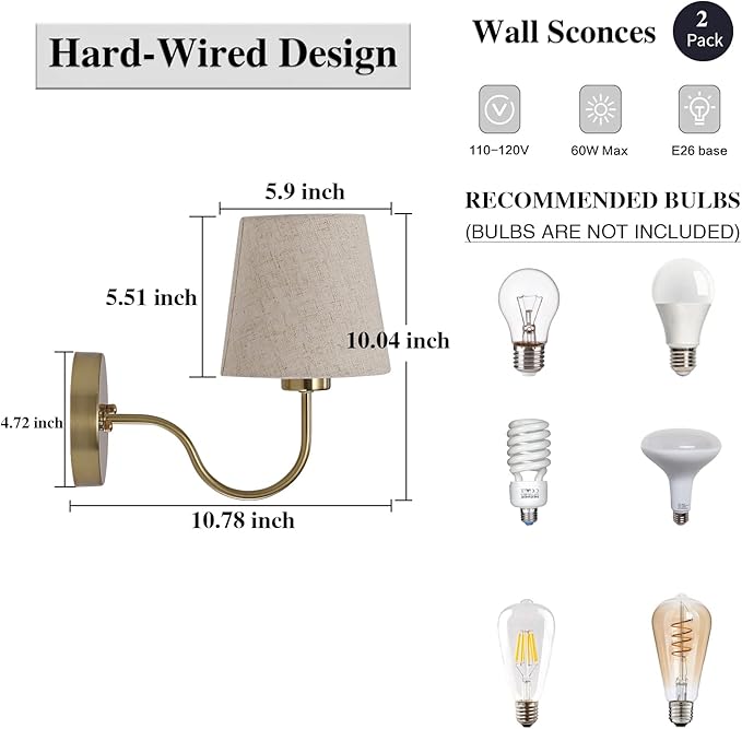 LASENCHOO Gold Wall Sconces Set of Two, Modern Sconces Wall Lighting Vintage Wall Light Fixtures with Fabric Lampshade, Bedside Wall Lamps for Bedroom Living Room Hallway Entryway