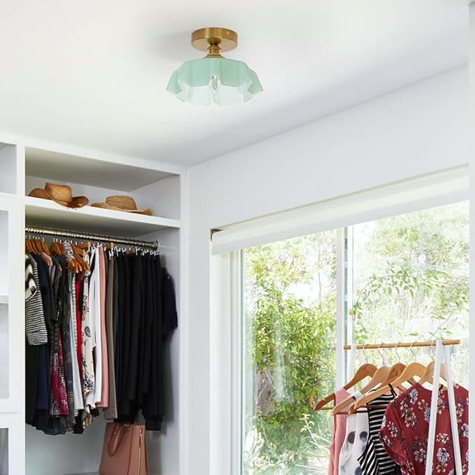 DSMJFU Brass Semi Flush Mount Ceiling Light, Cute Small Green Glass Flush Mount Ceiling Light, Porch Bathroom Lighting Fixtures with Flower Shape Glass for Closet Hallway Entryway