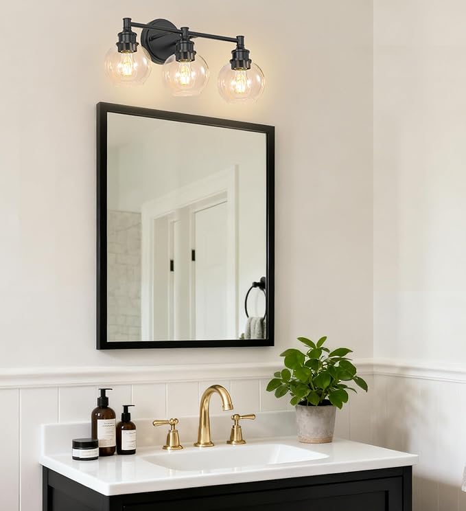 Bathroom Light Fixtures, 3-Light Matte Black Vanity Light Globe Glass Shades, Bathroom Lighting Fixtures Over Mirror, Wall Sconces for Master Bathroom, Guest Bathroom, Powder Room, 20-inch