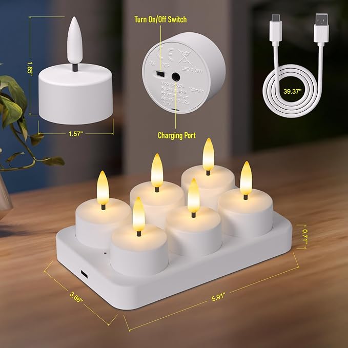 Flameless Tea Lights Candles with Charging Station,LED Tea Lights Candles with Remote Control Timer for Valentine's Day,Wedding,Centerpiece Table Decorations,Anniversary,Home Decor,6-Pack