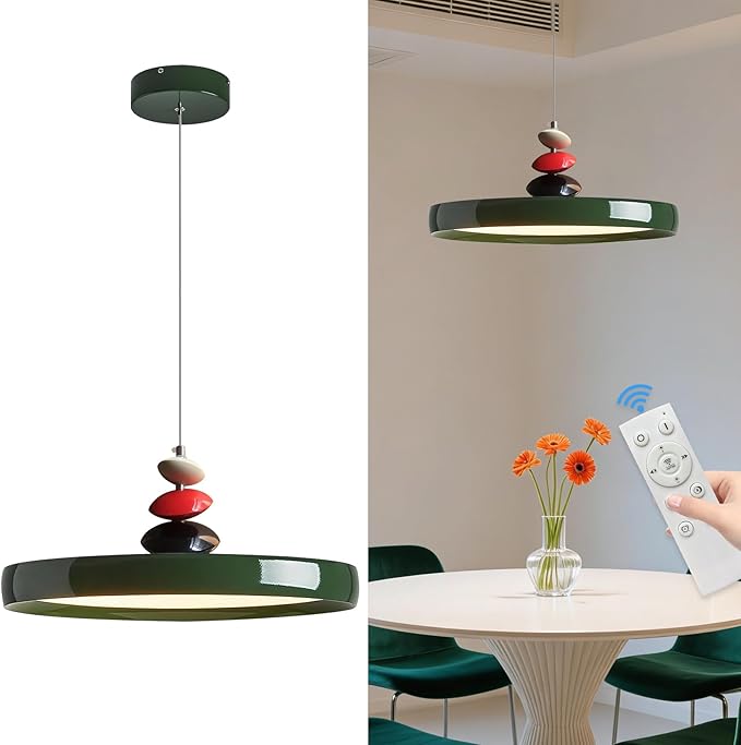 Mikeru Modern Pendant Lights, 23.6" Vintage Green Pendant Lighting Fixture with Remote Control Dimmable 3 Color Mode & Brightness Mid Century Island Light Fixture for Dining Room,Kitchen,Living Room