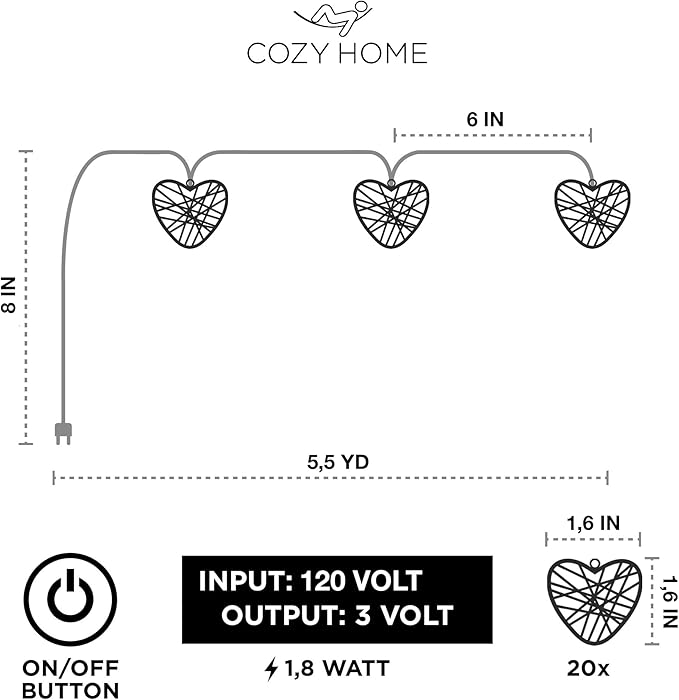 Cobus CozyHome Heart String Lights – 23 FT & 20 Warm White LEDs | Indoor | Christmas Fairy Lights Engagement Wedding Decoration Table Decoration Fairy Lights