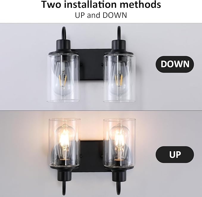 Matte Black Bathroom Light Fixtures Over Mirror,2-Light Bathroom Vanity Light with Clear Glass Shade,Modern Farmhouse Wall Sconces Lighting for Kitchen Living Room Bedroom Cabinet