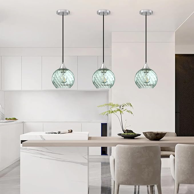 Pendant Lights Kitchen Island,3 Pack Farmhouse Pendant Lights,Green Striped Swirl Globe Glass Pendant Light Fixtures,Mini Island Lights For Kitchen,Modern Hanging Light Fixture With Adjustable Height