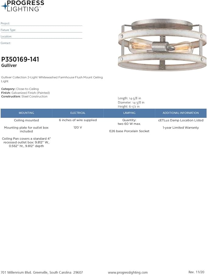 Progress Lighting Gulliver Collection 2-Light Whitewashed Farmhouse Flush Mount Ceiling Light, Galvanized, 6.50x14.37x14.37