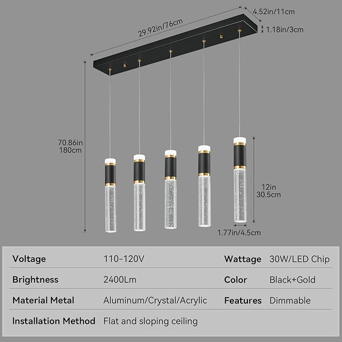 Pendant Lights Kitchen Island, Dimmable LED Pendant Light Fixtures, Black Gold Pendant Light Modern with Bubble Crystal Pendant Light, Pendant Lighting for Kitchen Island Dining Room 5-Light
