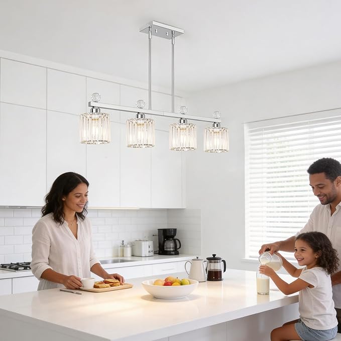 Lxybcce 32" Crystal Island Light for Kitchen Over Table, 4-Light Chrome Linear Pendant Light for Dining Room, Modern Ceiling Hanging Chandelier with Adjustable Height & Clear Crystal Shades, E26 Base