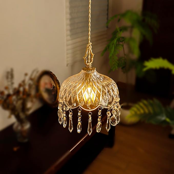 Vintage Crystal Small Pendant Lights Kitchen Island, Adjustable Cord Length 0.5" to 70", Dia7.87 Glass Shade Light Fixture,Brass Hanging Light, Chandelier for Bedroom (2-Pack，Hard-Wired