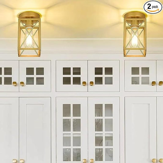 Ken & Ricky Hallway Flush Mount Ceiling Light,Cage Farmhouse Light Fixture Hardwired for Kitchen Over Sink,Bathroom,Laundry Room Entryway,Industrial Vintage Style,Single E26 Bulb（Gold,2PK）