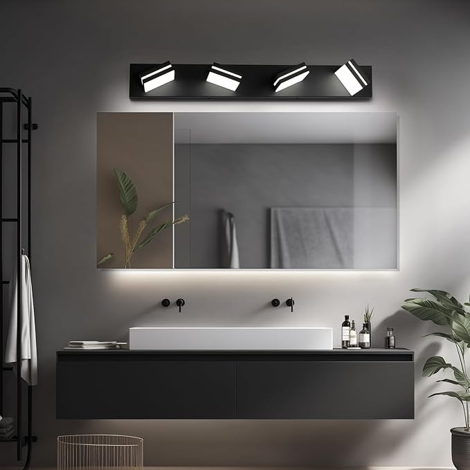OKELI 4 Light Bathroom Vanity Light Matte Black Modern 32W LED Dimmable Vanity Light Over Mirror 350° Adjustable Lamp Head Cold White 6000K ETL Listed 30Inch