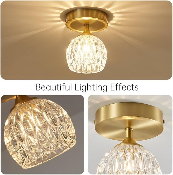4.3'' Semi Flush Mount Ceiling Light, Light Luxury Ceiling Light Fixture, Clear Crystal Lampshade Vintage Hallway Lights Fixtures, Brass Base Flush Mount Ceilings Lights for Bedroom 【No Bulb Included】