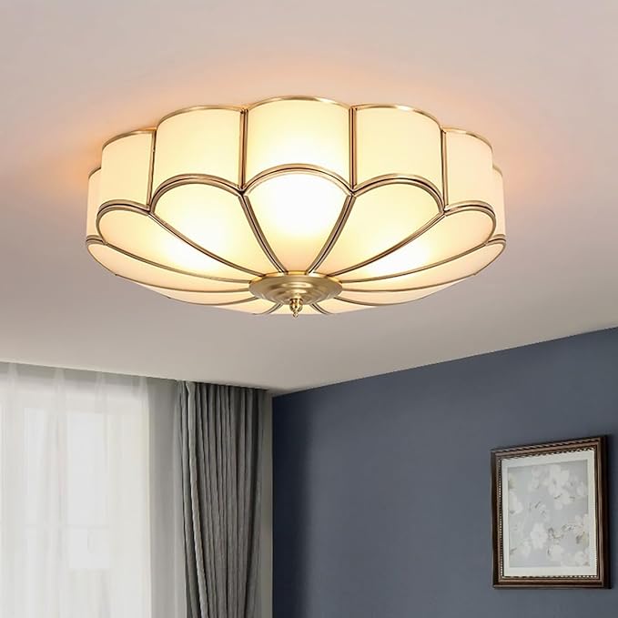 MIXL- Mid Century Brass Flush Mount Ceiling Light,LED Antique Brass Light Fixture, Modern Frosted Glass Ceiling Lamps for Living Room, Close to Ceiling Light Decorative for Bedroom(23.62" W)