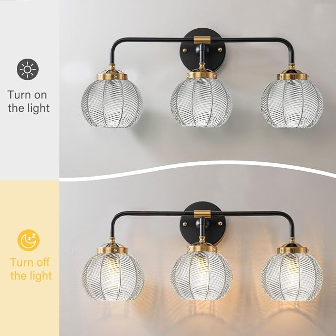Bathroom Vanity Light fixtures 3 Light Glass Globe Wall Sconce Lights Black Wall Mount Light with Clear Glass Shade, Mid Century Modern Wall Sconce for Over Mirror Bedroom Hallway (3-Lights)