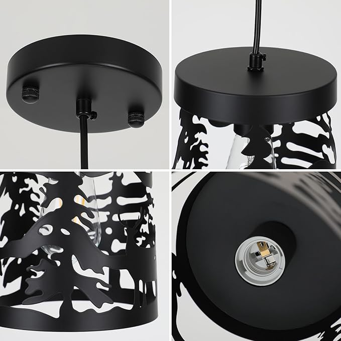 Rustic Pendant Lights with Bear and Deer Design, 1-Light Black Round E26 Base Cage Metal Fixture Adjustable Hanging Height for Kitchen Island, Hallway, Dining Room, Foyer, Bedroom