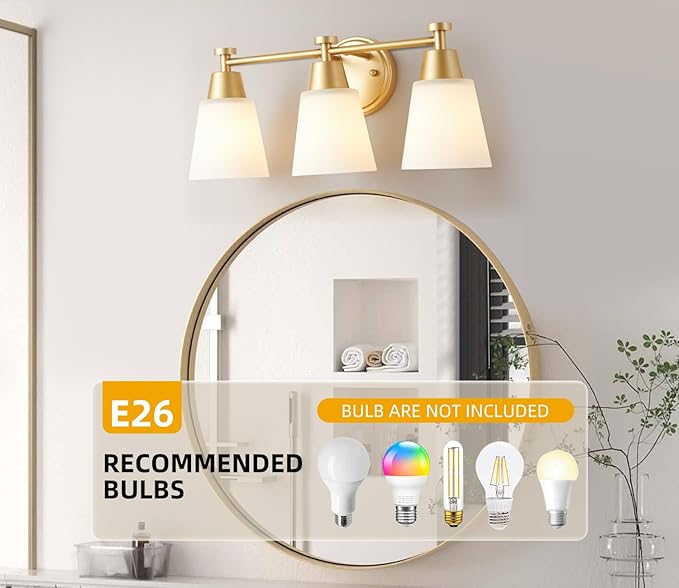 Milk Glass Bathroom Vanity Light Over Mirror, 3 Light Brushed Gold Stainless Steel Wall Mount Modern Vanity Light Fixture with Frosted Glass for Bathroom