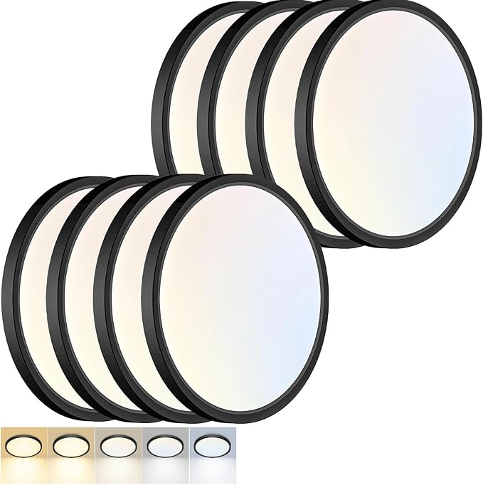 8 Pack LED Flush Mount Ceiling Light,12Inch 24W,3000K/3500K/4000K/5000K/6500K 5 Color Temperatures Ceiling Light Fixture for Kitchen Porch Hallway Bedroom Bathroom and Closet,Black