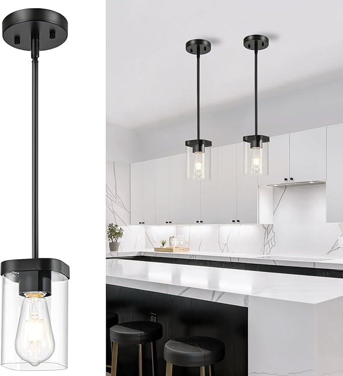 Modern Pendant Light Fixtures 1-Pack, Matte Black Pendant Lights Kitchen Island with Square Transparent Glass, Glass Pendant Light for Dining Room, Bedroom, Living Room, Farmhouse