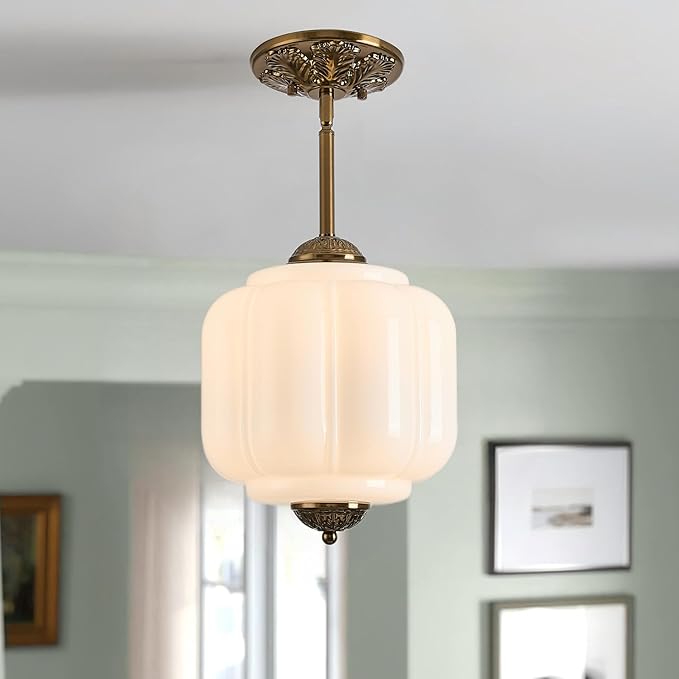 Milk Glass Ceiling Light Fixture, 9.8" Vintage Semi Flush Mount Pendant Light with Antique Brass Finish, Schoolhouse Light Fixture - Antique Chandelier for Kitchen, Hallway, Dining Room