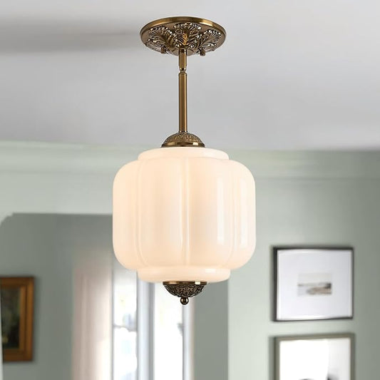 Milk Glass Ceiling Light Fixture, 9.8" Vintage Semi Flush Mount Pendant Light with Antique Brass Finish, Schoolhouse Light Fixture - Antique Chandelier for Kitchen, Hallway, Dining Room