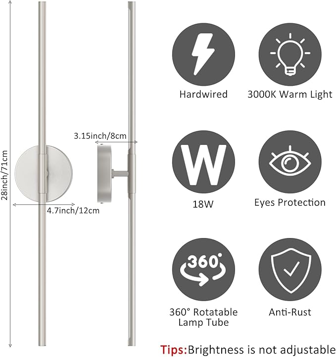 28In Sand Nickel Wall Sconces Set of Two Hardwired 3000K LED Modern Vanity Light 360° Rotatable for Living Room Bedroom Bathroom(2 Pack)