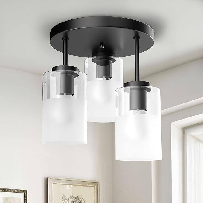 Maxax 3-Lights Black Semi Flush Mount Ceiling Light Fixture, 11.5" Modern Farmhouse Light Fixture with Clear Frosted Glass, E26 Base, for Kitchen, Foyer, Hallway, Entryway, Bedroom, Stairs
