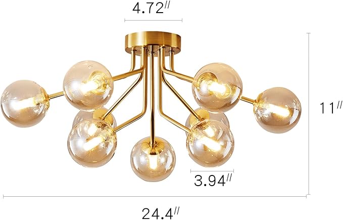 Mid Century Gold Modern Sputnik Chandeliers 9 Light Semi Flush Mount Ceiling Light Fixture Pendant Lamps Bulbs with Glass Globe Lighting for Bedroom Kitchen Dining Room Office