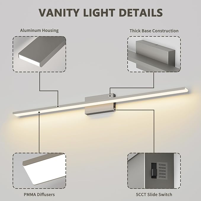 JUSHENG Brushed Nickel Modern LED Vanity Lights for Bathroom Light Fixtures, 47.24 Inch 42W 5CCT Dimmable Vanity Light Bar Bathroom Lighting