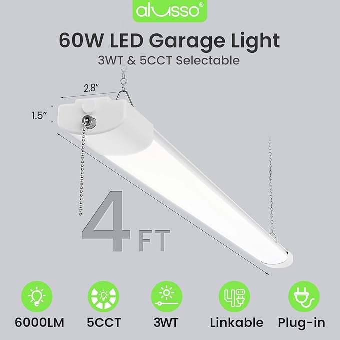 ALUSSO® LED Shop Lights 4FT for Garage, 6000LM Super Bright, Adjustable 2700K-6500K Color Temperature, 120V, Warm to Cool Daylight Linkable Shop Lights for Workshop, 2 Pack