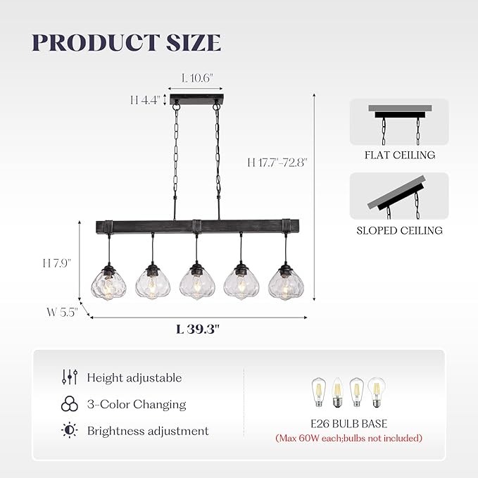 Linear Chandelier for Dining Room, Modern 5-Light Kitchen Island Lighting,Black Farmhouse Linear Chandelier with Glass Shades, L39IN+W5.5IN+H7.9IN