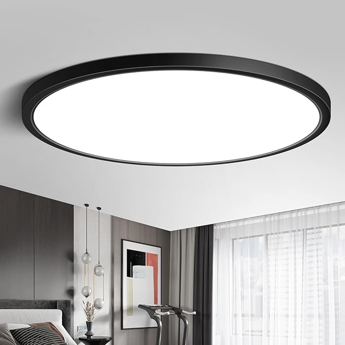 12 Inch 24W LED Flush Mount Ceiling Light, Daylight White 5000K, Round LED Ceiling Light, 3200LM, Black Low Profile for Bedroom Closet Stairwell Hallway Kitchen