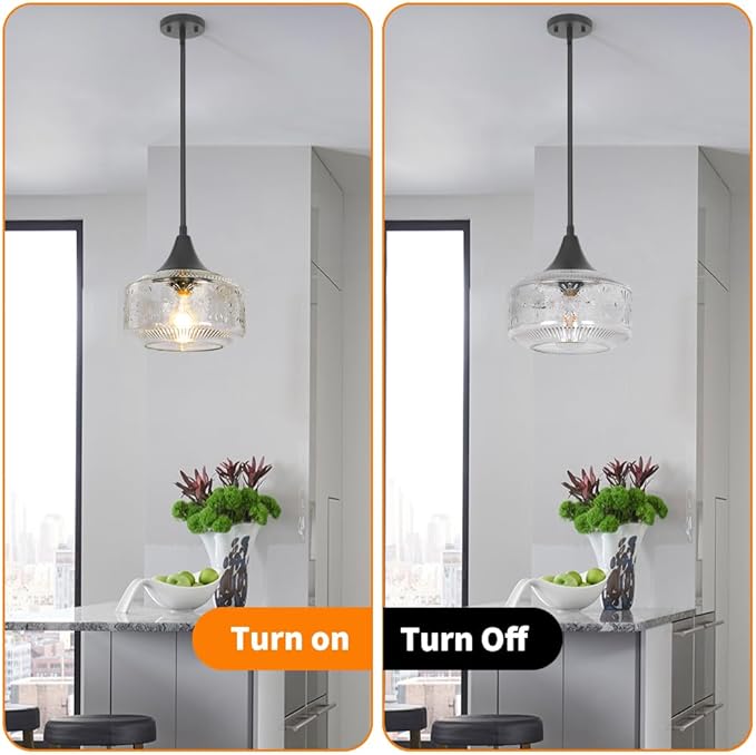 Black Pendant Lights Kitchen Island, Pendant Light with Large Thickened Glass Lampshade, Vintage Pendant Light Hanging Light Fixture for Dining Room Hallway Bedroom, E26 Base & Adjustable Cable