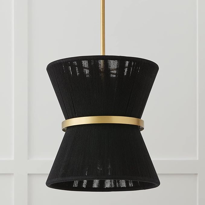 Capital Lighting 341211KP Cecilia Transitional Art Deco Luxe Hand-Wrapped Black Rope Tapered Pendant Light Fixture, 1-Light 100 Watt, 13" H x 12" W, Patinaed Brass