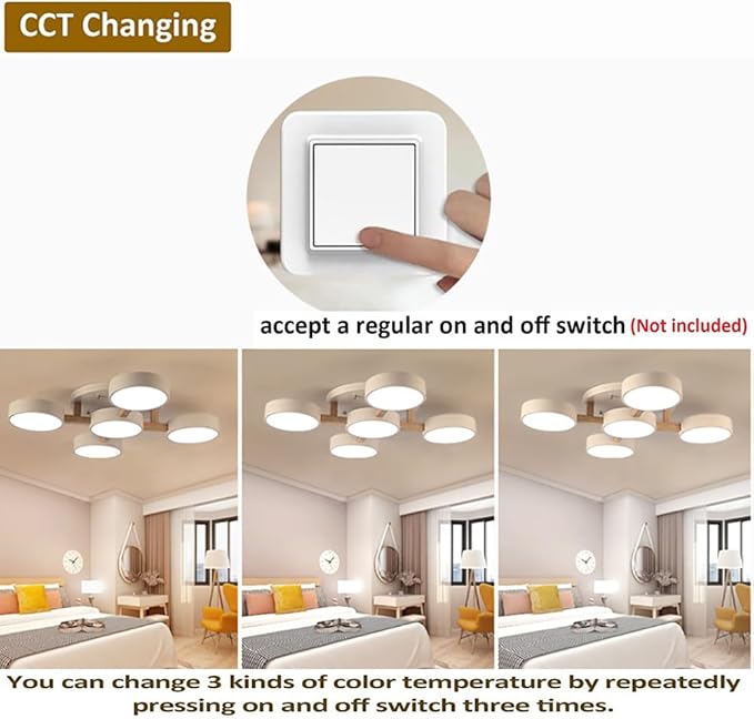 LED Ceiling Light Fixture,32 Inch 5-Lights Modern Ceiling Lights Flush Mount Wooden 55W Chandelier for Living Room Bedroom Kitchen,Dimmable 3000K/4000K/6000K Temperatures Selectable, White