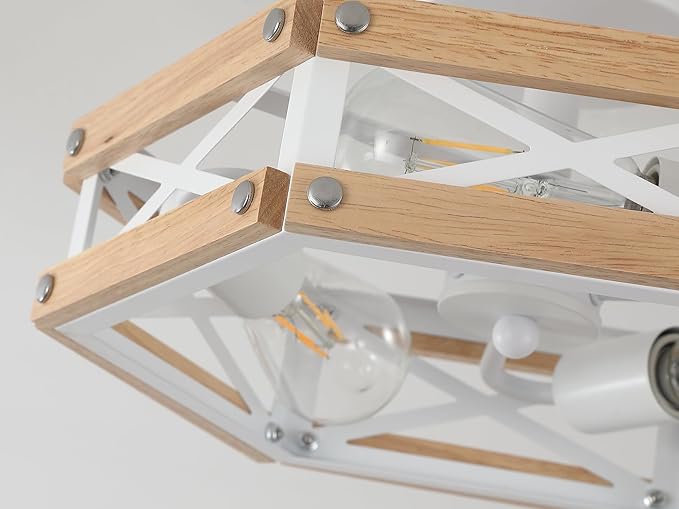 3-Light Modern Farmhouse Wood Flush Mount Ceiling Light Fixture 14.5 inch Vintage Natural Wood and Metal Cage Semi Flush Mount Ceiling Light for Hallway Entry Bedroom Farmhouse, White