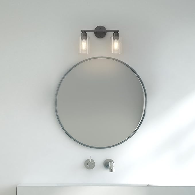 Espird Bathroom Vanity Light Black 2 Light Rustic Bathroom Vanity Lights Over Mirror, UL Listed Modern Industrial Wall Sconces Lamp with Cylinder Glass Shade, Light Fixture for Bathroom E26 Socket