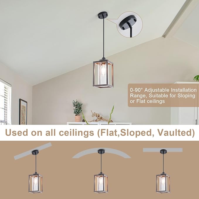 Farmhouse Pendant Light in Wood and Metal Cage, Rustic Pendant Light with Glass, Adjustable Hanging Light Fixtures, Mini Pendant Lighting for Kitchen Island, Hallway, Foyer (Square Brown-1 Pack)