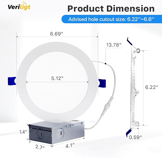 2 Pack 6 Inch 5CCT LED Recessed Light, Silm Canless Recessed Lighting, Dimmable, Damp Rated, 2700K-5000K Selectable, Wafer Ceiling Downlight with Junction Box, 1200LM, 12W 120V, ETL&FCC