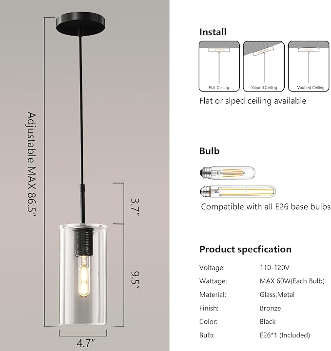 Modern Pendant Light Kitchen Island Set of 2, Adjustable Black Clear Glass Pendant Light Fixtures, Pendant Lighting Over Island, Indoor Chandelier for Bedroom Bathroom, Included Bulb