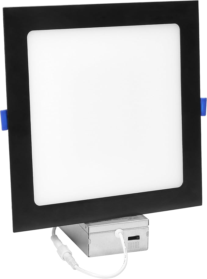 Maxxima 8 in. 5 CCT Square Recessed LED Downlight, 1400 Lumens, Slim Flat Panel Color Selectable (2700K/3000K/3500K/4000K/5000K), Dimmable, Canless IC Rated, Black Trim, J-Box Included