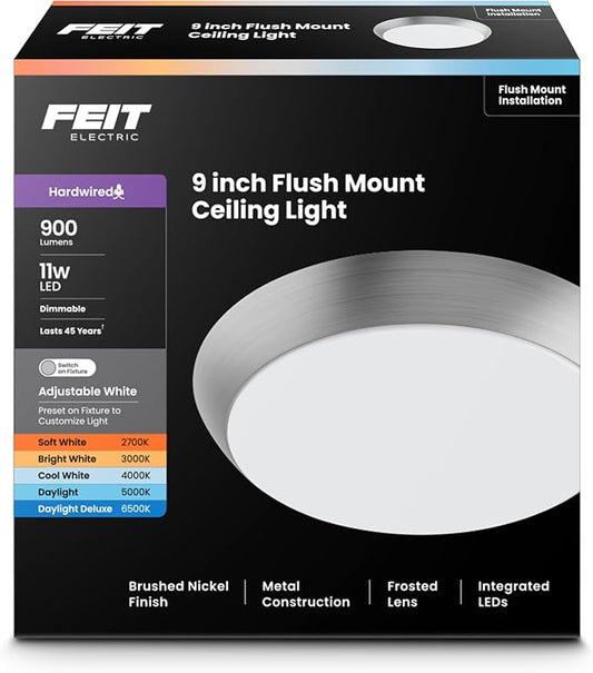 Feit Electric 9" Adjustable White LED Ceiling Light, Dimmable Flush Mount Fixture, Brushed Nickel Finish, Selectable Color Temperature, 900 Lumens, 50,000-Hour Lifespan, FM9/5CCT/NK